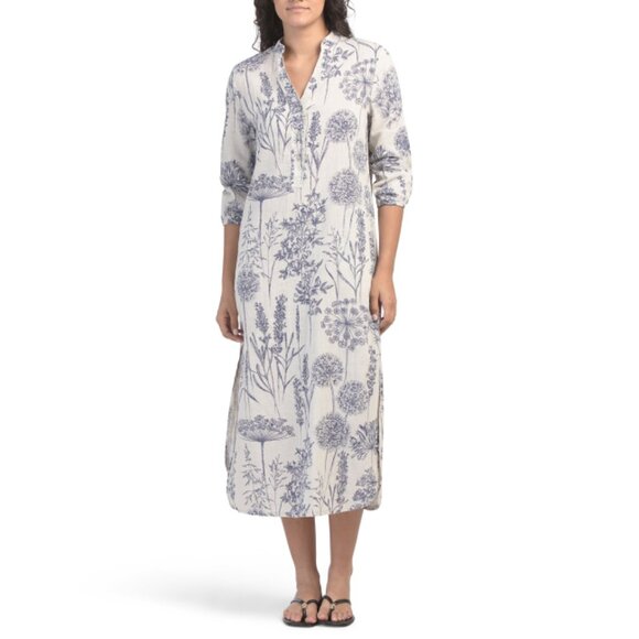 SPIGHE DI LINO Italy Linen Blend Three-quarter Sleeve Botanical Maxi Dress